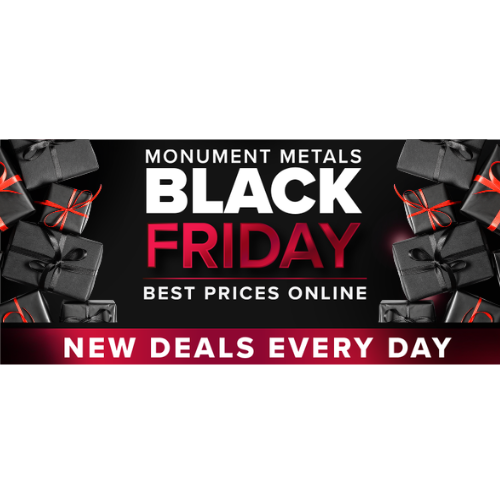 Black Friday promotional banner for Monument Metals with wrapped black gift boxes and text stating best prices online and new deals every day.