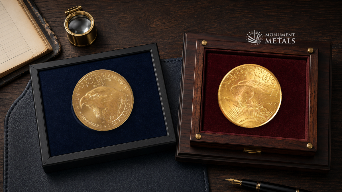 American Gold Eagle and Saint Gaudens Double Eagle sitting on desk in holders