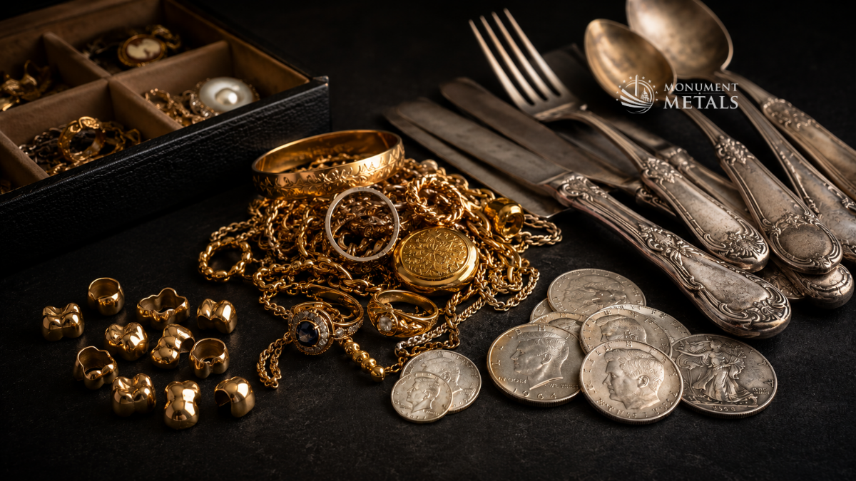Assorted household gold and silver items including jewelry, dental gold, silver coins, and flatware laid out on a dark surface