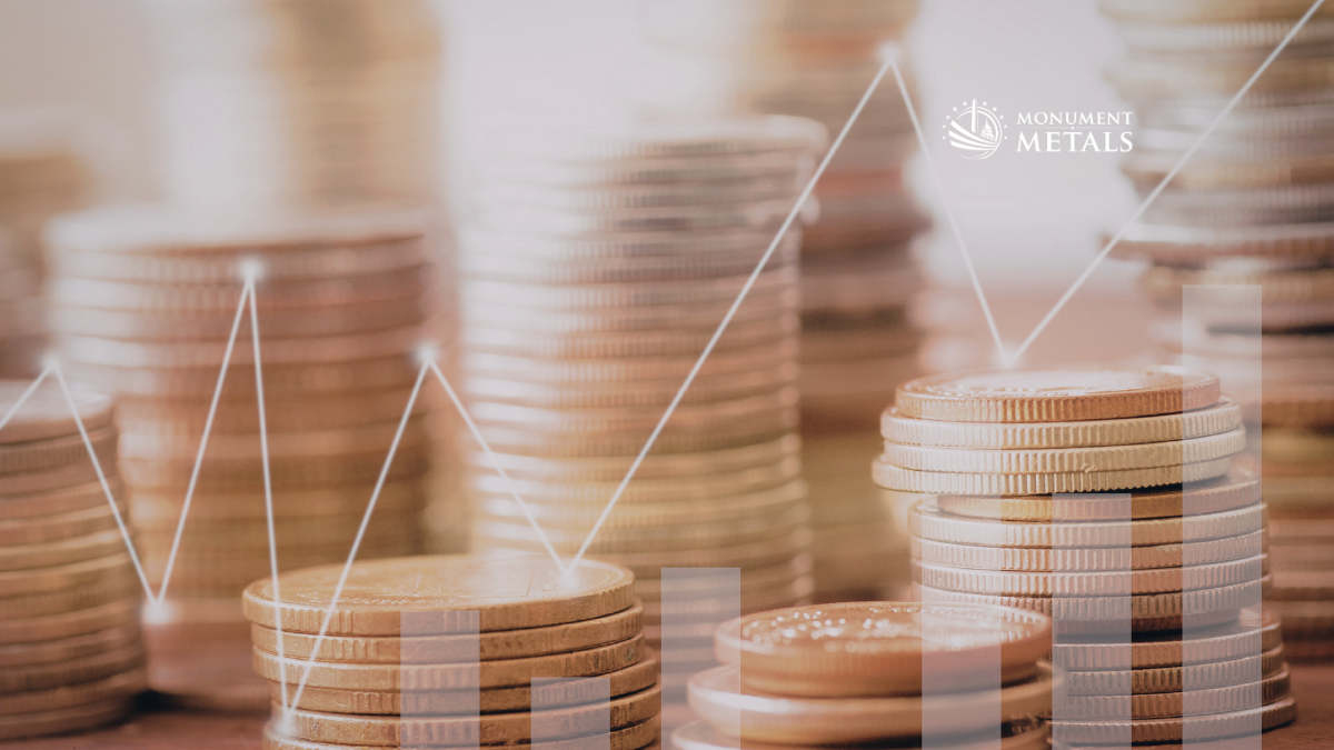 Stacks of gold coins with financial chart overlay illustrating the relationship between interest rates and precious metals market trends