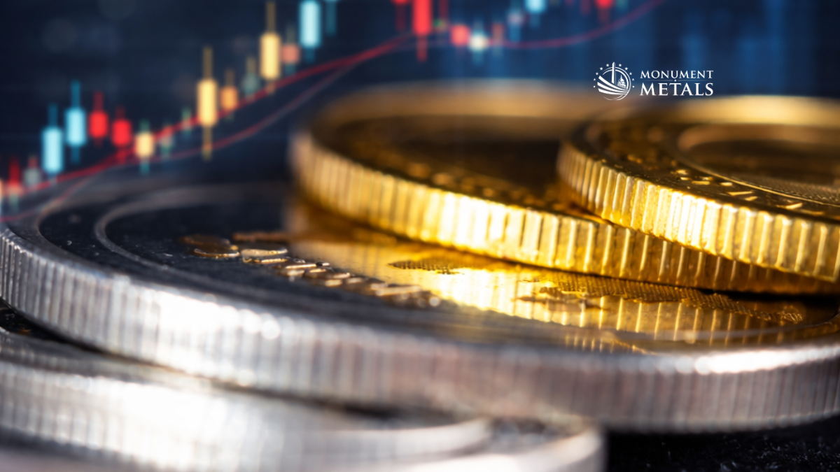 Macro close-up of stacked gold and silver coins with a blurred financial chart in the background, illustrating the relationship between physical precious metals and market price movement, with Monument Metals logo.