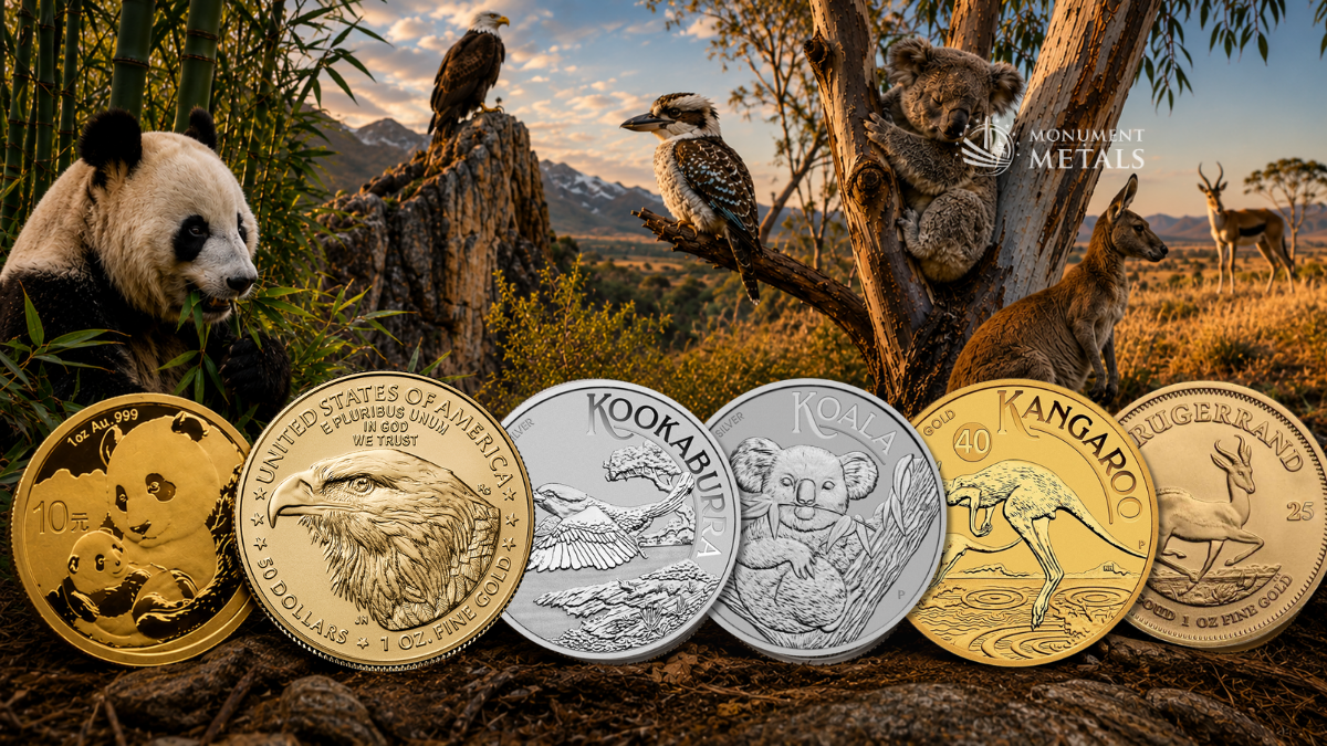 Gold and silver bullion coins featuring wildlife designs including Chinese Panda, American Gold Eagle, Australian Kookaburra, Australian Koala, Australian Kangaroo, and South African Krugerrand displayed against a scenic nature backdrop with panda, bald eagle, kookaburra, koala, kangaroo, and springbok