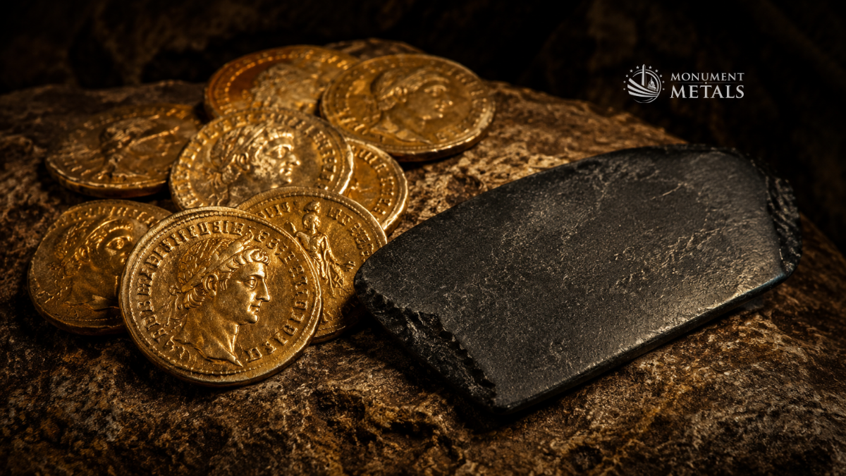 Several ancient gold coins rest on a weathered stone surface beside a dark black basalt touchstone. Warm, dramatic lighting highlights the coins' rich metallic luster, intricate portraits, and worn details against a dark, textured background, illustrating the ancient practice of testing gold purity.