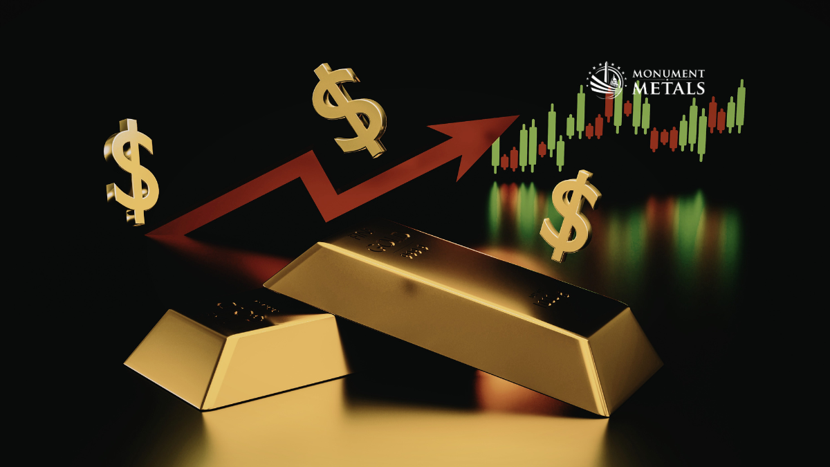 Gold bars with rising arrow, dollar symbols, and candlestick market chart illustrating gold prices and inflation-driven market trends.