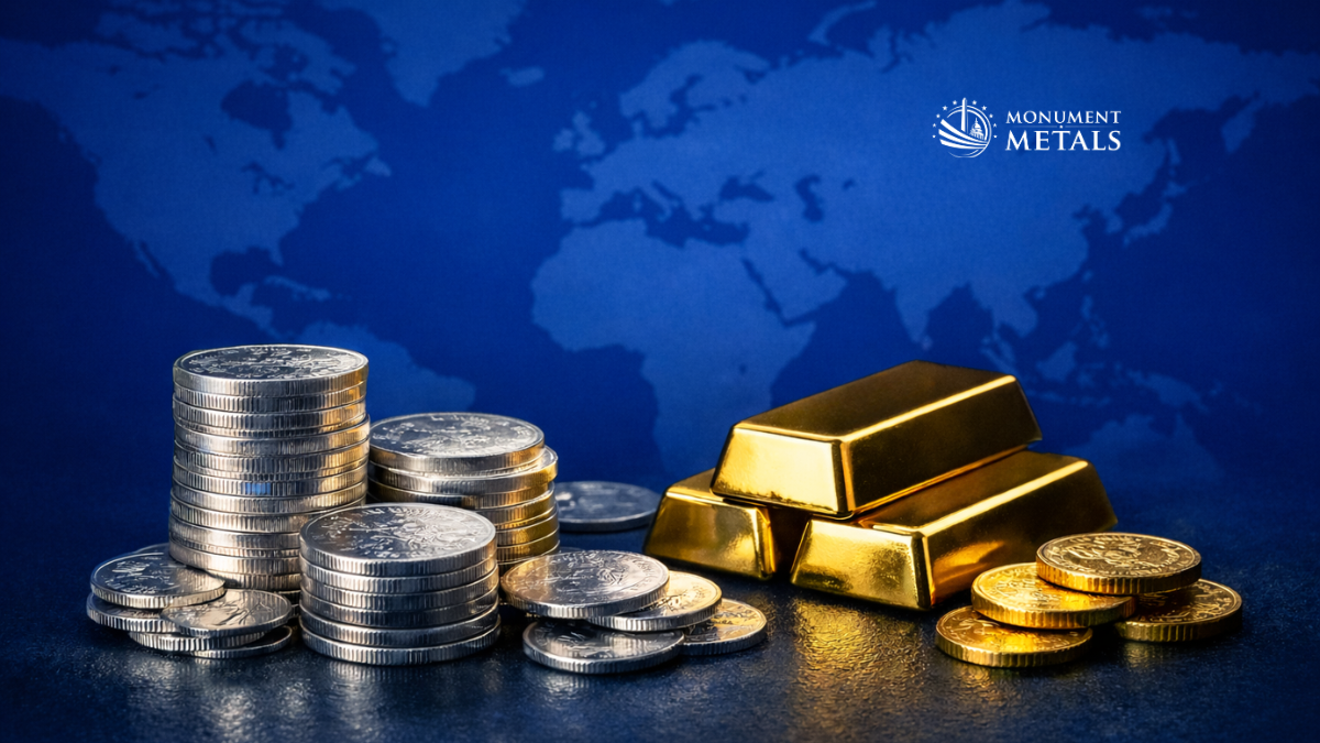 Ultra-realistic stacks of silver coins and gold bars arranged on a reflective surface with a faint world map background in blue, representing global precious metals markets and safe-haven assets.