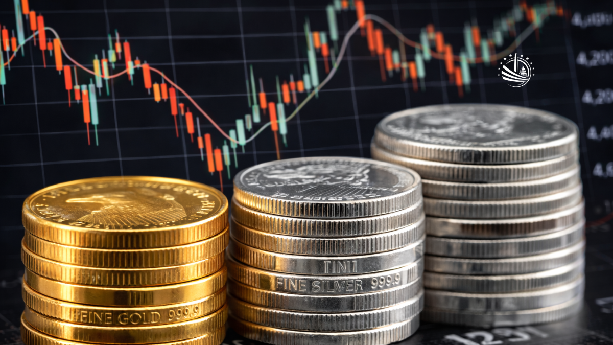 Stacks of gold and silver coins in the foreground with a financial candlestick price chart in the background, representing recent volatility and movement in the precious metals market.