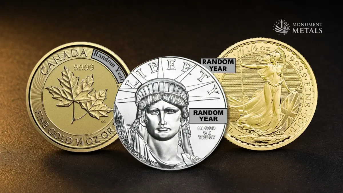 Random-year gold and platinum bullion coins, including a Gold Maple Leaf, American Platinum Eagle, and Gold Britannia.
