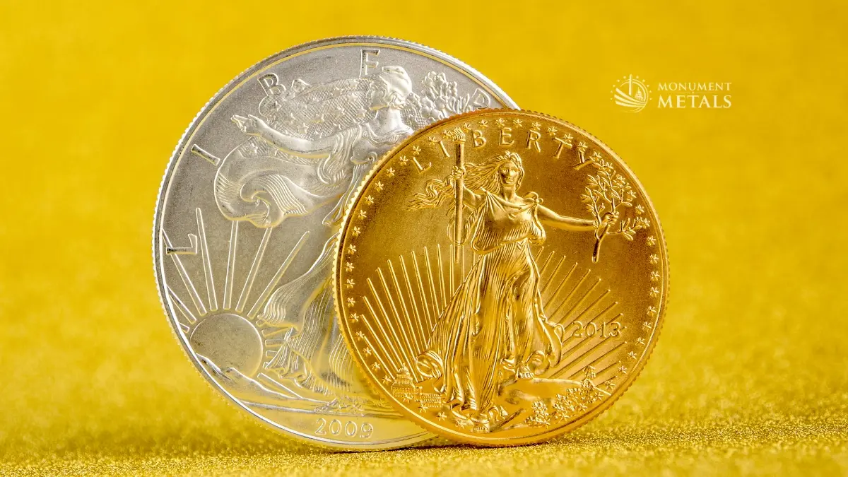 Why Can Two One Ounce Coins Have Different Sizes? Display comparison of 1 ounce American Silver Eagle and 1 ounce American Gold Eagle