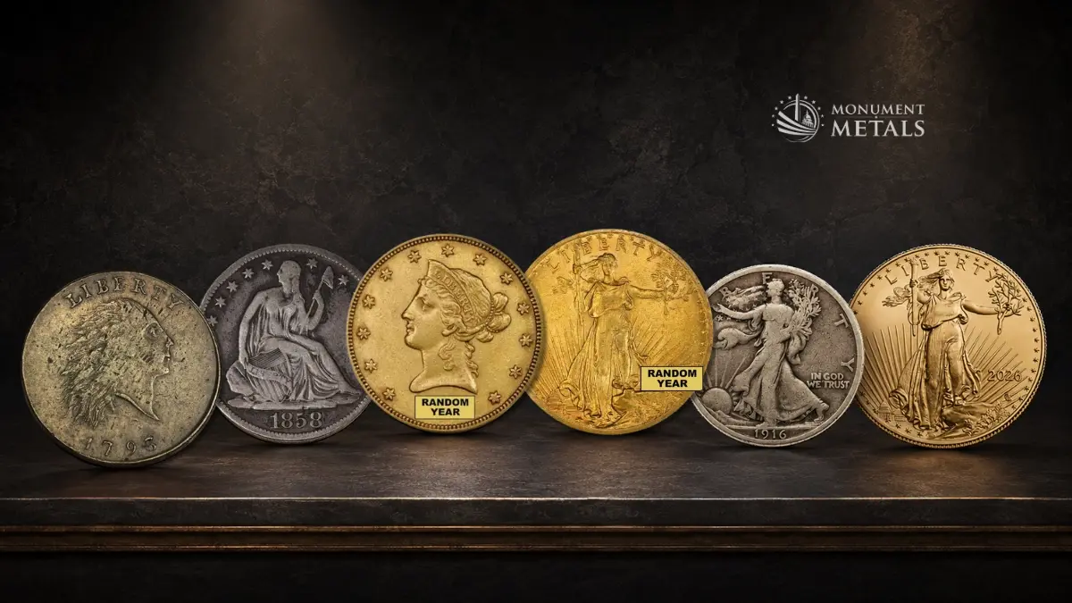 Six Lady Liberty coins displayed chronologically: a 1793 Flowing Hair Chain Cent, 1858 Seated Liberty Half Dollar, $10 Liberty Gold Eagle, Saint-Gaudens Double Eagle, 1916 Walking Liberty Half Dollar, and 2026 American Gold Eagle.